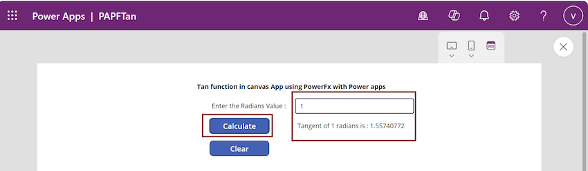 Tan function from Power Fx using Power Apps